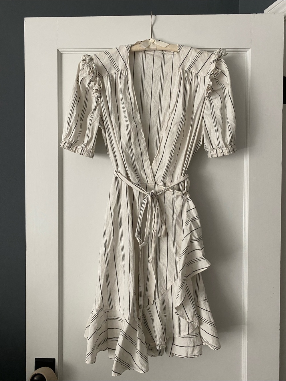 7 For All Mankind Cream and Black Striped Wrap Midi Dress